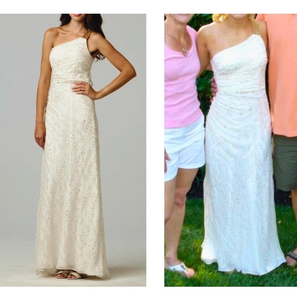 Aidan Mattox Dresses & Skirts - Worn Once! AIDAN MATTOX Silk One Shoulder Maxi White/Gold